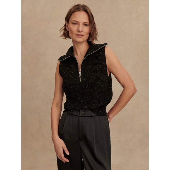Varley Sweaters - Varley Hally Half Zip Rib Vest Womens XS Black Excellent Speckled Cotton Knit